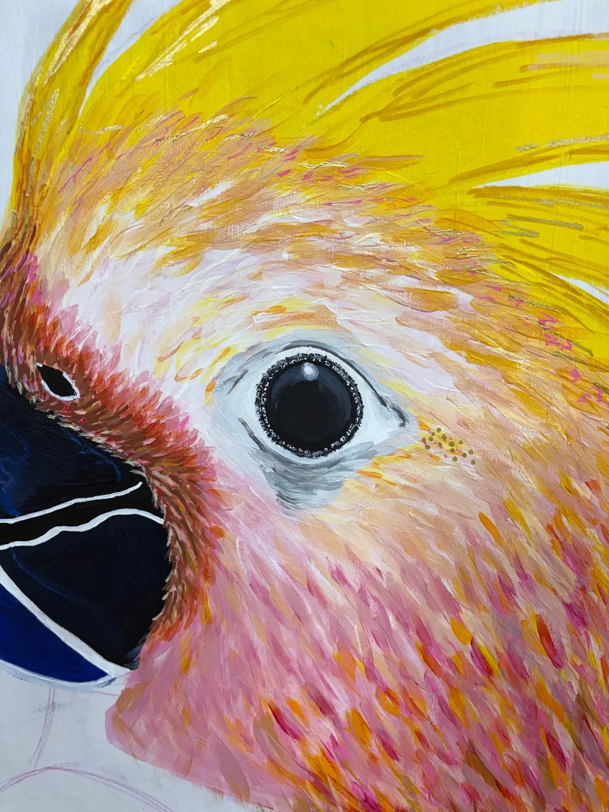 Détail d'un cacatoès peint en gouache, crête jaune et plumage rose, atelier libre Bordeaux