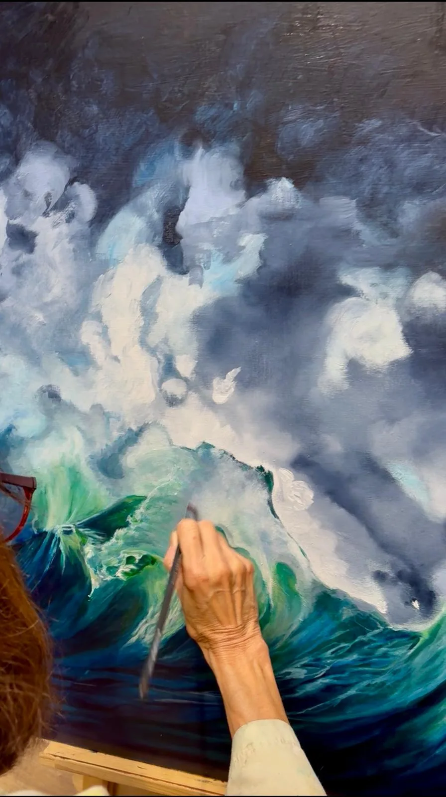 Vague déferlante peinte à l'huile en cours de réalisation, atelier libre Bordeaux