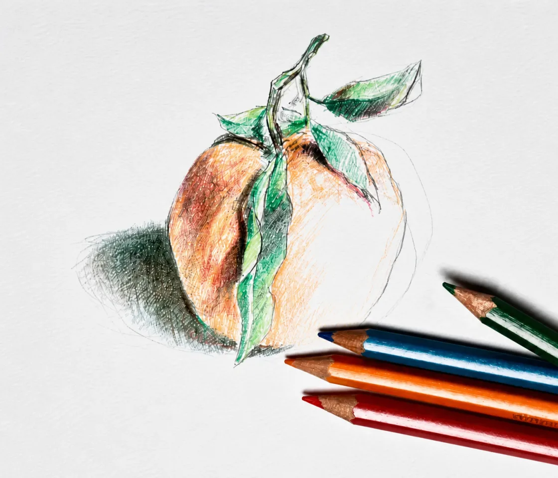 Dessin d'une orange avec des crayons de couleur
