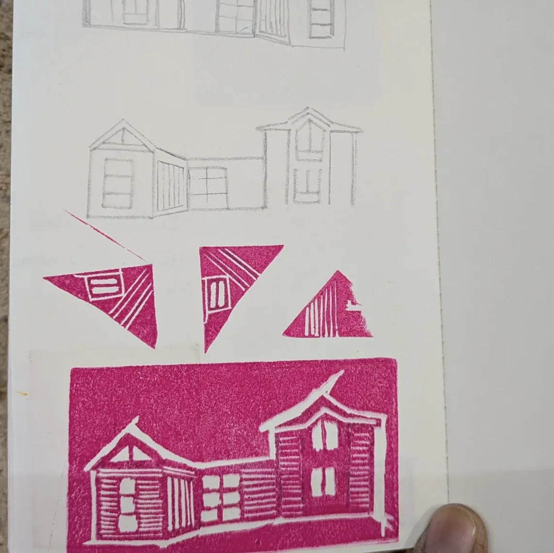 Carnet d'essais de linogravure, couleurs et motifs